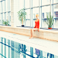 Maria Svarbova\泳池系列\SWIMMING POOL
“游泳池”系列照片始于2014年，是Maria设计的最大的一组摄影创作系列。她会费尽心思的找到有趣的地方，各种公共游泳池、大操场等，玩转现场各种形状、光影及色块组合，迸发灵感进行创意拍摄。
作品中，还表达了她对社会人物关系、环境污染、水源枯竭等各种问题的反思与探讨，提升作品的深度与可读性。