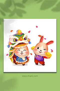 手绘风舞狮舞龙金元宝兔年新年插画