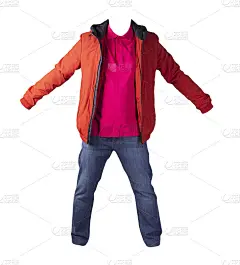夹克，衬衫和蓝色牛仔裤在白色的背景上孤立。休闲时尚服装