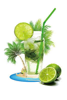 夏天冰镇饮料新鲜水果柠檬椰子树素材