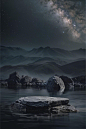 暗色石头，一颗石头放在水面上，背景单调，近景清晰，中景远景模糊 (1)