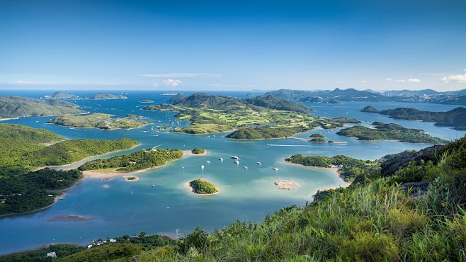 岛屿,大海,草,树,山,美丽的岛屿风景桌...