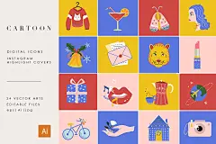 24款卡通抽象手绘艺术图标插画素材 24 Cartoon Highlight Icon Set