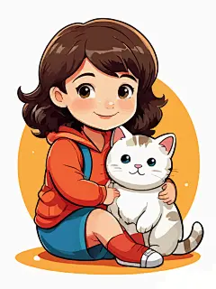人物插画小女孩可爱猫咪