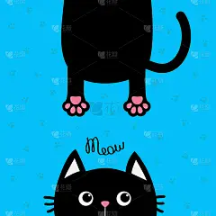 黑猫滑稽的脸和头部剪影。猫叫文本。胖胖的身上挂着爪印，尾巴。可爱的卡通人物。卡哇伊的动物。婴儿卡。宠