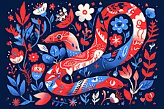 扁平风蛇年手绘彩色插画