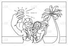 连续线画着闺蜜在海上休憩。旅游度假。照片有问题的内存