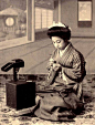 THE SEWING BOX --  A Geisha of Old Japan Makes Repairs and Adjustments to Her "Haori" (Outer Kimono Jacket) by Okinawa Soba