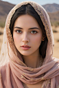  This image shows a close-up of an ethereal-looking young woman with long dark hair falling over her shoulders, blue eyes, her head adorned with a transparent scarf or veil, with the desert in the background, her The complexion was impeccable, with earthy