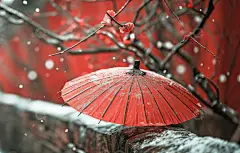 冬季红伞红墙梅花古建筑AI插画壁纸背景图高清模板免费下载-趣麦麦图