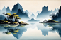 典雅唯美中国风水墨山水画装饰插画