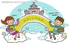 卡通儿童插画——坐在云朵上开心的男女同学插画|绘画|卡通|卡通人物|卡通人物图片|可爱|漫画人物|男女同学|人物素材|人物图片|矢量人物|矢量素材|手绘|学校|云朵