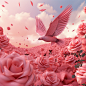 pink garden 3d background, full rose fly in the air