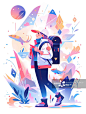 年轻女孩在户外旅行渐变插画图片素材