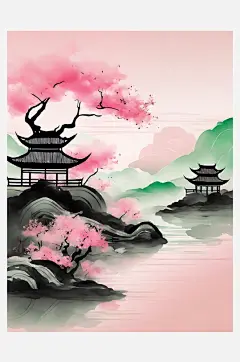 粉绿风景水墨画AI数字艺术-众图网