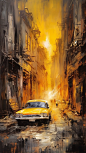 yellow taxi wallpaper, in the style of industrial paintings, apocalypse landscape, street scenes with vibrant colors, landscape painter, busy landscapes, smokey background, industrial landscapes