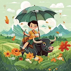 雨天一个戴草帽的小男孩坐在水牛背上在一片宽阔的田野里海报