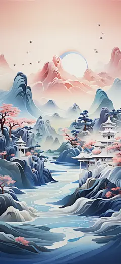 一幅山水3D水彩插图
