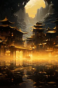 云雾缭绕古风古韵金线城市建筑插画