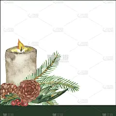 水彩手绘自然冬季框架米色蜡烛，绿色冷杉树枝，棕色球果和红色冬青浆果和树叶组成在白色背景邀请和贺卡