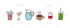 乱画,鸡尾酒,背景分离,杯,果汁,瓶子,手,伞,水果,草图