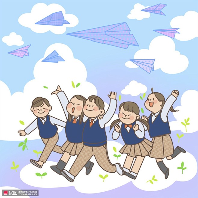 男生女生纸飞机梦想放飞奔跑前进儿童插画 ...