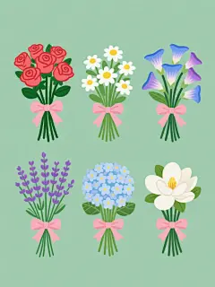 一套6个不同造型的花卉束插画系列，采用统一的纯色背景，保持原有的卡通手绘风格，整体色彩变换多样。每个花束都由绿色花茎和叶子组成，并用粉色蝴蝶结系扎，花茎底部整齐排列。第一个是玫瑰花束，花朵为鲜艳的红色，花瓣层层叠叠；第二个是牵牛花束，呈现出蓝紫色渐变，喇叭状的花朵向上绽放；第三个是小雏菊花束，白色花瓣围绕着黄色花心，小巧可爱；第四个是绣球花束，圆形的花朵由许多小花组成，颜色为淡蓝色；第五个是薰衣草花束，紫色的细长花瓣紧密排列；第六个是栀子花束，白色的花瓣搭配黄色花蕊，清新淡雅。所有花束规整地排列在画面中，