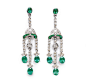 A pair of emerald ear pendant  18 kt. white gold, with 26 emeralds, total c. 3 ct. and 82 round brilliants