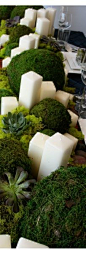 Pretty, organic, green centerpiece decor of moss, succulents, and square candles. Simple elegance.