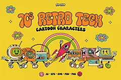 70s Retro Tech Cartoon Characters 70年代怀旧复古科技潮流机器人物卡通形象插图插画贴纸ai设计素材_UIGUI