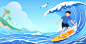 夏天户外冲浪者和蓝天大海海浪等风景矢量插画横版下载