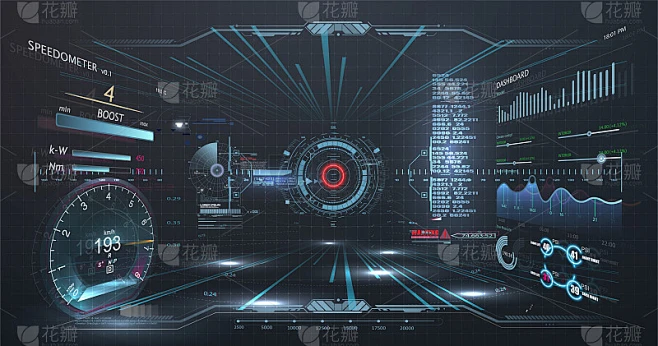 虚拟现实。未来的VR平视显示设计。科幻头盔HUD, GUI,UI。未来显示与数据，速度计和统计面板。素材-花瓣网