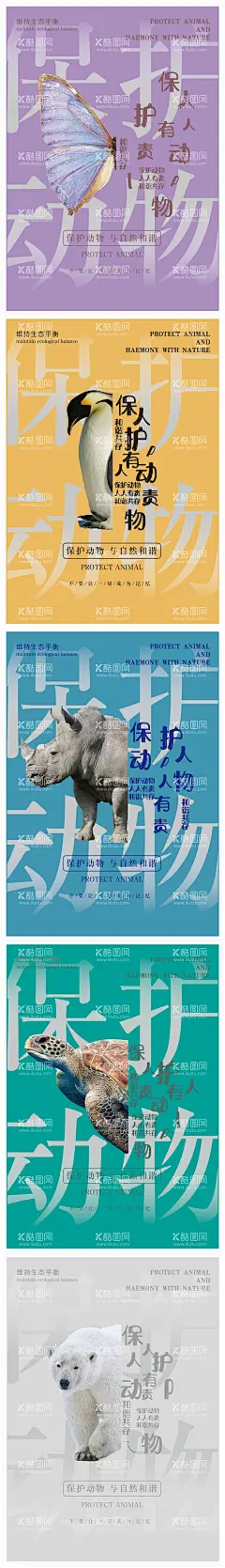 保护动物海报  - 源文件下载【酷图网】海报,公益,蝴蝶,北极熊,犀牛,海龟,企鹅,保护,动物,系列,
