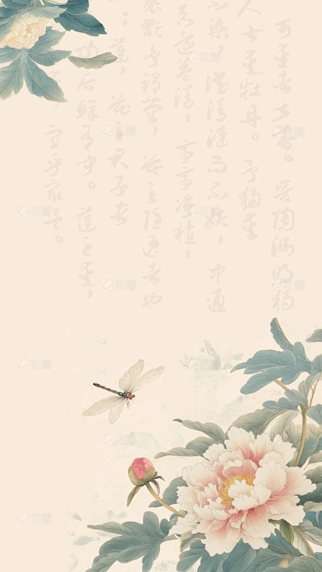 植物系列古风插画牡丹花毛笔字背景素材-花瓣网