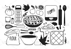 手工画的秋假插图. 创意油墨的艺术作品。 实际矢量黑白绘图. 感恩节：食物、饮料、物品