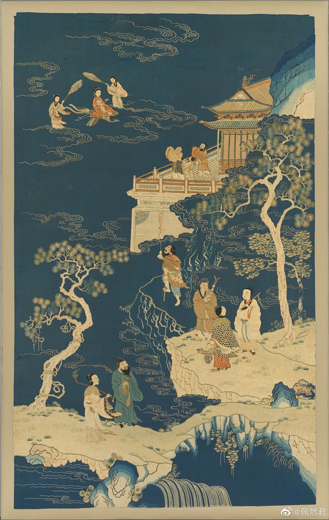 清，刺绣群仙贺寿图轴，184.2x116...