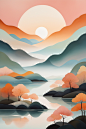 山水风景扁平山水意境插画