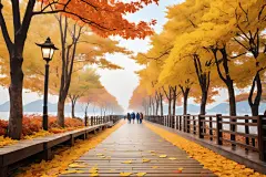 叠翠流金的秋季海边小路落叶摄影图片