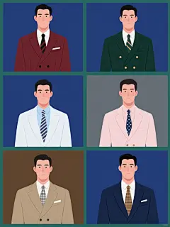 一套六张插画风格的男士正装上半身展示图，每张图背景为不同的纯色（如深蓝、酒红、墨绿、灰色、卡其、藏青），画面整体色彩根据背景色进行和谐搭配，保持元素类目为西装、衬衫、领带的组合，每张图展示完全不同款式和颜色的西装（如单排双扣、双排扣、戗驳领、平驳领等）、衬衫（如白色、浅蓝色、浅粉色等）和领带（如条纹、纯色、波点、格纹等不同图案和颜色），所有元素以规整的网格排布在同一画面中，每张独立插画边缘清晰，细节精致，风格统一，无任何文字、LOGO、电话地址及二维码。