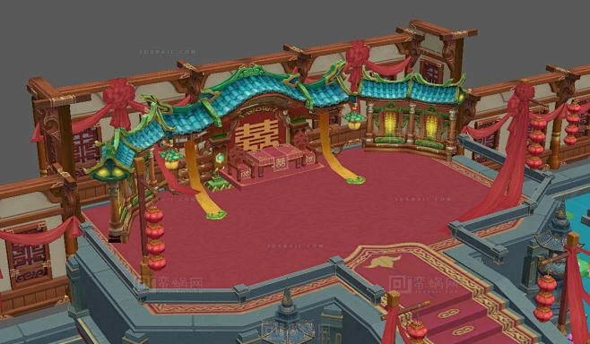 古代婚礼场景，结婚宴席庆典，圆桌子食物，大红双喜字，大红灯笼，红地毯 - 场景物件 蛮蜗网-花瓣网