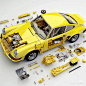 其中可能包括：a yellow car is surrounded by parts and tools to make it look like it's made out of legos