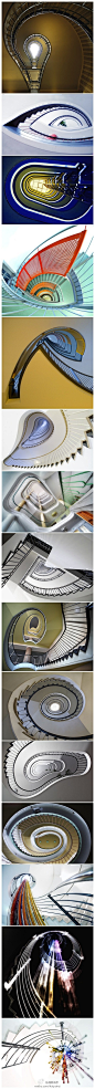 #创意新视界#德国摄影师Nils Eisfeld用敏锐的目光捕捉到具有震撼视觉效果的螺旋楼梯，这些建筑线条中蕴含惊人的美。看到第一张图片时，你会以为那是灯泡吗？这组摄影“螺旋梯”拍摄了各种楼梯回环曲折的独特造型，突出了楼梯的“形体”和“个性”，强调和渲染了建筑结构之美。（@海派名家）