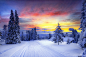 挪威冬天,山,<font color='red'>雪</font>,树木,道路,天空,晚霞,森林风景图片