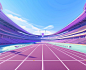 A cartoon 3D scene of the Olympic Stadium, using a purple color scheme, showing a clean and simple track and field. Spectators surrounded the track. Front view, minimalist design, Pixar style, high resolution, high quality
