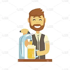 满脸胡须的男调酒师形象地站在吧台前倒啤酒，男调酒师在工作时卡通矢量插画