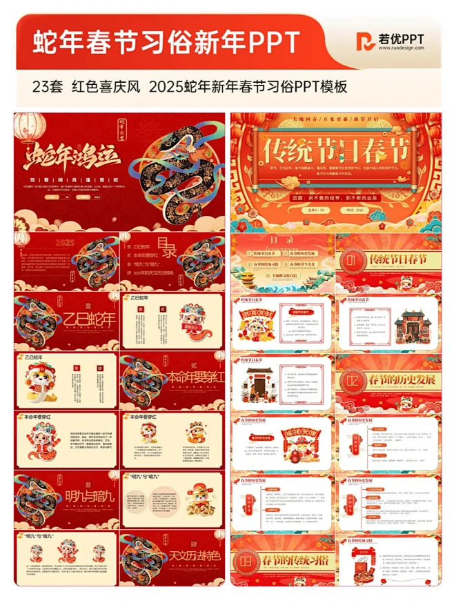 超爱的红色喜庆风春节习俗介绍PPT模板 ...