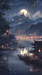梦幻古风场景，唐朝不夜城，壁纸，背景，海报背景，中秋场景，秋天