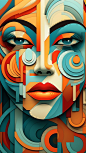 abstract artwork that uses colorful overlapping shapes to create a portrait of a beautiful female. The look should be inspired by the unique painting styles found in cubism with an emphasis on texture and intricate detail including hand-drawn typefaces &a