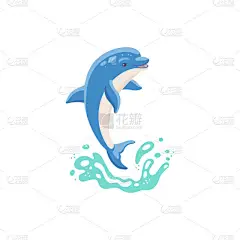 可爱的蓝色卡通海豚从水里跳了出来，一个孤立的例子.