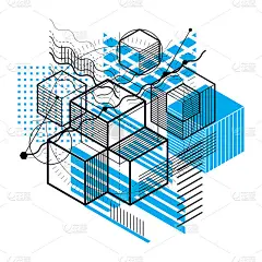 抽象三维图形组成，矢量等距背景。由立方体、六边形、正方形、长方形和不同的抽象元素组成。